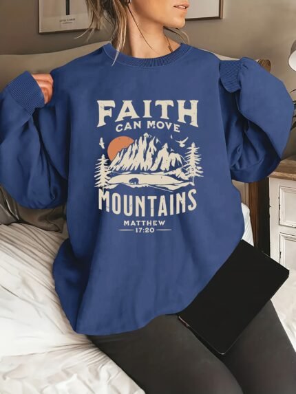 Plus Size Mountain & Letter Print Sweatshirt, Casual Long Sleeve Crew Neck Sweatshirt, Women's Plus Size Clothing