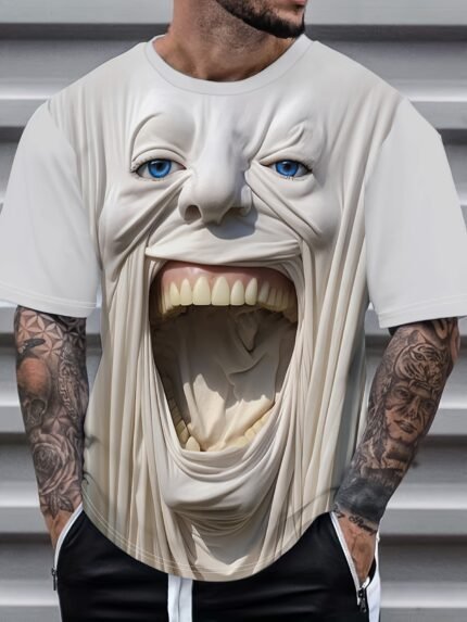 Men'S Bold Face Art Graphic T-Shirt - Lightweight Polyester Round Neck Short Sleeve, Edgy Smiling Face Print with Sharp Teeth & Tattoo-like Design, Casual Streetwear Summer Tee for Gym, Training & Casual Attire - Breathable H-Fit Unisex Style Top, T Shirt For Men, Men Graphic Tee, Graphic Tee Men, T-shirt For Men, Men Clothe, Men Shirt