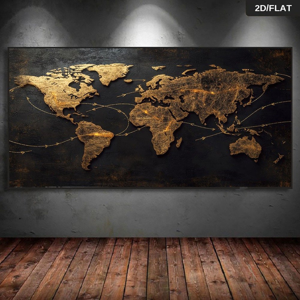 cd4c421bac194cf79d0d488927250008-goods.jpeg 1pc Modern Abstract Golden World Map Wall Art - 2D/Flat Design with Connecting Arrows, Black and Golden Metal Surface, Frameless Canvas Poster for Living Room and Bedroom Decoration, Wall Decoration - Image 1