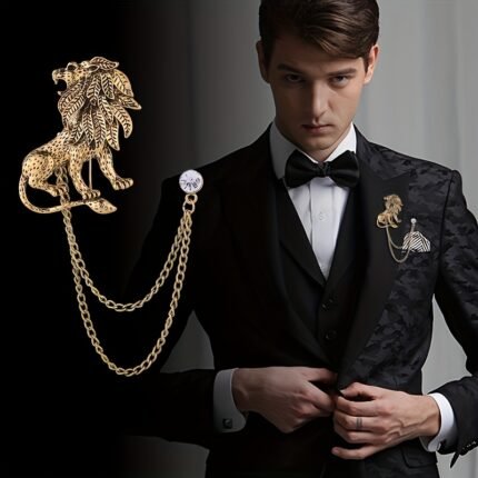 1pc/2pcs Men's Lion Head Brooch Pin with Golden-Tone Chain Necklace - Intricate Animal Design Formal Accessory for Suits, Halloween, Graduation, Mardi Gras & Special Occasions, Korean Fashion Style, Elegant Design