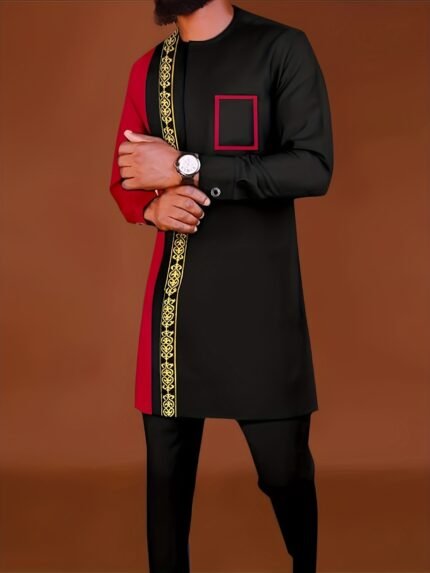 Men'S Casual Long-sleeved Two-piece Suit Mid-length Top And Trousers