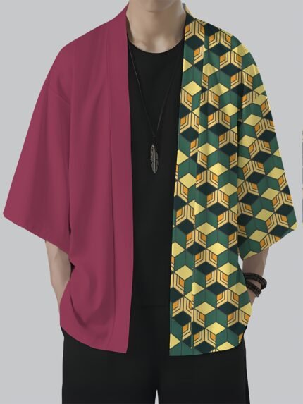 Men's Japanese Anime-Inspired Kimono Shirt - Traditional Asian Style Oversized Casual Summer Robe with Vibrant Digital Print, Machine Washable for Themed Events & Casual Attire (Adult Men's Fashion) - Japanese Cultural Apparel in Red, Black, Green & Golden, Relaxed Fit with Geometric Patterns, Lightweight Fabric for Warm Weather, Perfect for Anime Fans and Japanese Fashion Enthusiasts, Breathable Material, Durable Print