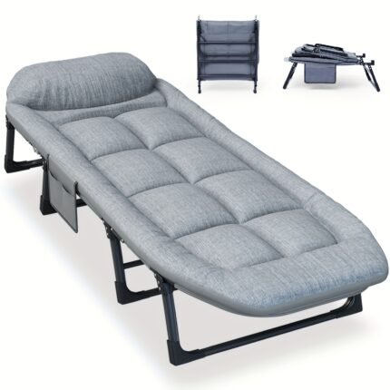 Heavy-Duty 6-Position Adjustable Folding Recliner Bed with Memory Foam Mattress & Pillow - Manual Foldable design, Portable Camping, Office, Home Bed - Supports 550 lbs (200kg) Weight Capacity - Ideal for Indoor/Outdoor, Travel, and Guest Rooms, Portable Folding Bed, Outdoor Sleeping Solution, Comfortable Recliner Chair, Sturdy Frame Construction