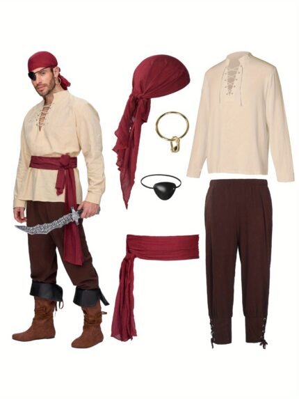 JOYFY Men Pirate Costume, Adult Halloween Costume Renaissance Medieval Viking Pirate Costume for Cosplay