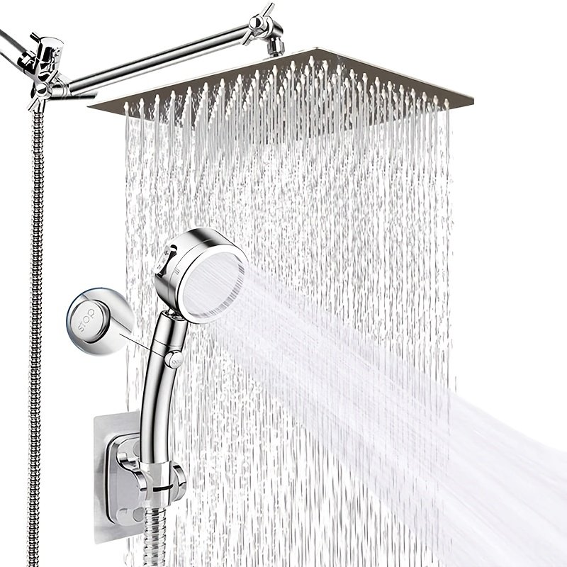 cf34f9a1-2aed-412d-8924-421ae9153bcf.jpg 12-Inch Stainless Steel High-Pressure Shower Set with One-Touch Start/Stop, 11-Inch Extension Arm & 3-Way Diverter - Wall-Mounted, Polished Finish, Multi-Function Handheld Shower Head for Bathroom, Kitchen, or Outdoor Use, No Electricity Needed, Shower Accessories, Sleek Design, Durable Construction - Image 1