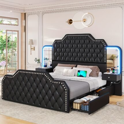Queen Bed Frame with Nightstand 4 Drawers, Platform Bed with Vanity Desk And Mirrors, High Headboard Bed with LED Lights And Charging Station, Black/White Bedroom Furniture