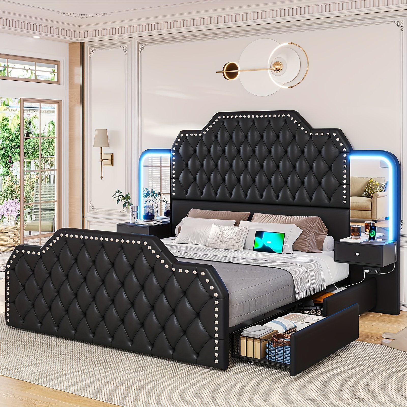 cfdc258c-f620-4b82-9721-cf50f810d63f.jpg Queen Bed Frame with Nightstand 4 Drawers, Platform Bed with Vanity Desk And Mirrors, High Headboard Bed with LED Lights And Charging Station, Black/White Bedroom Furniture - Image 1