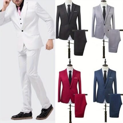 Men'S Slim Fit Business Suit - One Button Formal Two-Piece Outfit with Vest & Tie, Solid Color Wedding & Groom Suit Coat, Tailored Trousers for Office or Special Occasions, Dresses for Wedding