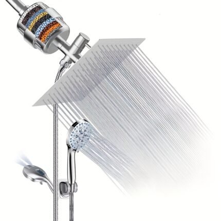 Filter Shower Head Handheld Sprayer 20cm/8-inch Stainless Steel Rainfall with 7 Water Flow Modes, 59ft/1.5m Stainless Hose Suitable for Pet Bathing Multi-Layer Filtration Device