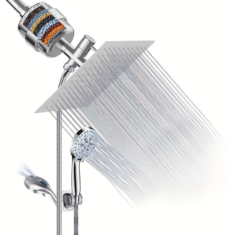 d02351fc-9a8f-4962-8ed5-57747d69a131.jpg Filter Shower Head Handheld Sprayer 20cm/8-inch Stainless Steel Rainfall with 7 Water Flow Modes, 59ft/1.5m Stainless Hose Suitable for Pet Bathing Multi-Layer Filtration Device - Image 1