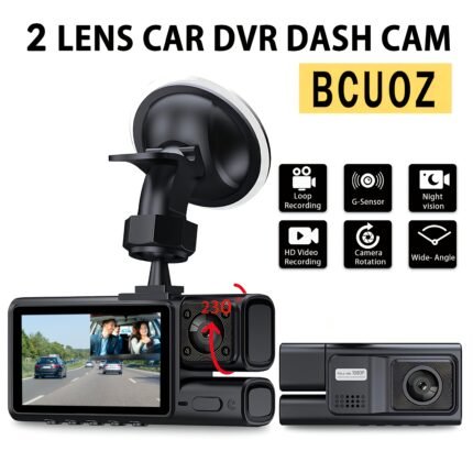 Dual Dash cam with Infrared Night Vision, Front 1080P Inside 480P Dual Camera, Option 64GB Memory card, Car DVR Recorder, Suction Cup Installation, Push Button Control, Car Plug Power Mode, with Rechargeable Lithium Battery-Polymer