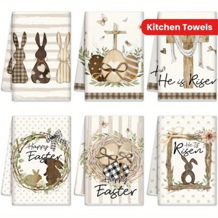 6pcs 18*26inch, Easter Bunny Kitchen Towels, Religious He is Risen, Dish Towels Farmhouse Egg Stripes Polka Dot Bathroom Hand Towels, Absorbent Rustic Spring Tea Towels, Suitable for Kitchen Bathroom Gift Decoration, Holiday Gifts