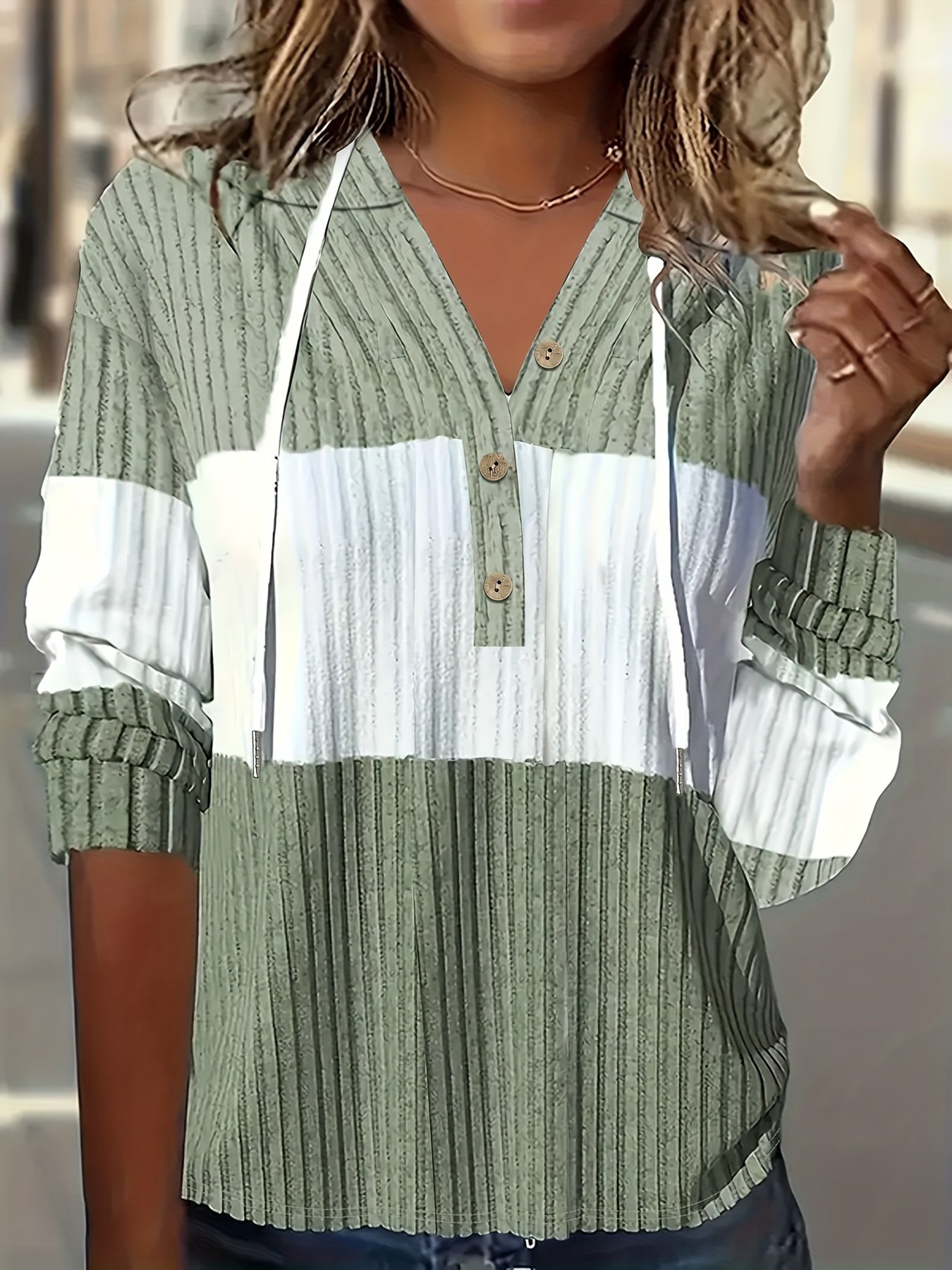 d0e4a7c2-b184-434d-b762-be1318363235.jpg Women'S Casual Color Block Hoodie - Green & White Striped Pullover with Button Details, Long Sleeves, and Front Pocket, All-Season Comfort, Casual Wear Hoodie | Buttondown Pullover | Comfortable Fit - Image 1