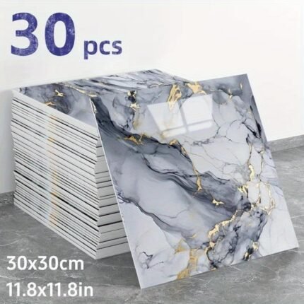 30pcs Marble Pattern Self-Adhesive Wallpaper, Vinyl Foam Tiles and Stylish Design, Removable Wall Decals for Kitchen and Bathroom Decor, Moisture-Resistant Wall Stickers