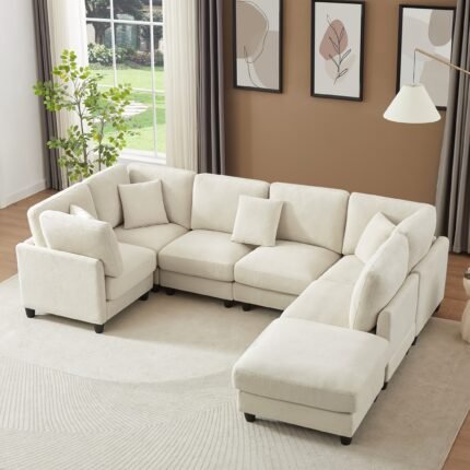 121'' Oversized Sectional Upholstered Couch, Chenille Fabric,with Movable Ottoman Cloud Sofa, Freely Convertible L/U Shape And Sofa Bed for Living Room, Black/Beige