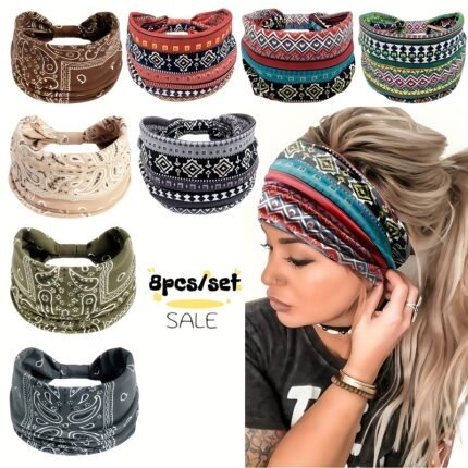 8pcs/Set Wide African Turban Headbands For Women, Vintage Wrap For Sports, Workout. Wide & Soft Fashion Headbands-Elastic Hair Masks, Luxury Hair Headbands, Anti Slip Knotting For Running Sports, Yoga Turban Hair Bands Hair Accessories For Daily Use