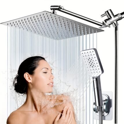 High Pressure 3-Setting Rainfall & Handheld Shower Head Combo with Extension Arm & Extra-Long Hose - Square Modern Design, Polished Metal Finish, Wall-Mounted Shower System for Contemporary Bathrooms, Adjustable Showerhead, Durable Bathroom Fixture