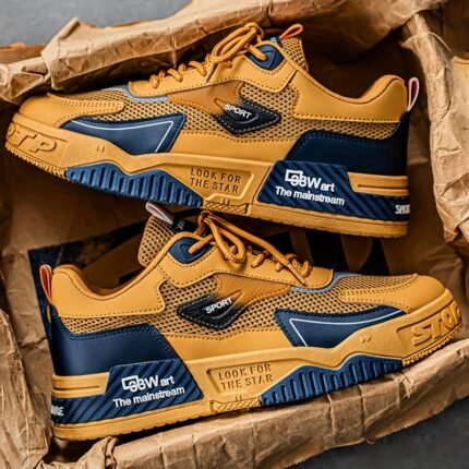 [Lightweight Skate Sneakers] MAINALUN Men's Lightweight Breathable Skate Sneakers | Low-Top Casual Shoes with PU/Fabric Upper & PVC Sole, Vibrant Yellow & Navy Blue for Summer Outdoor Training, Gym, Running