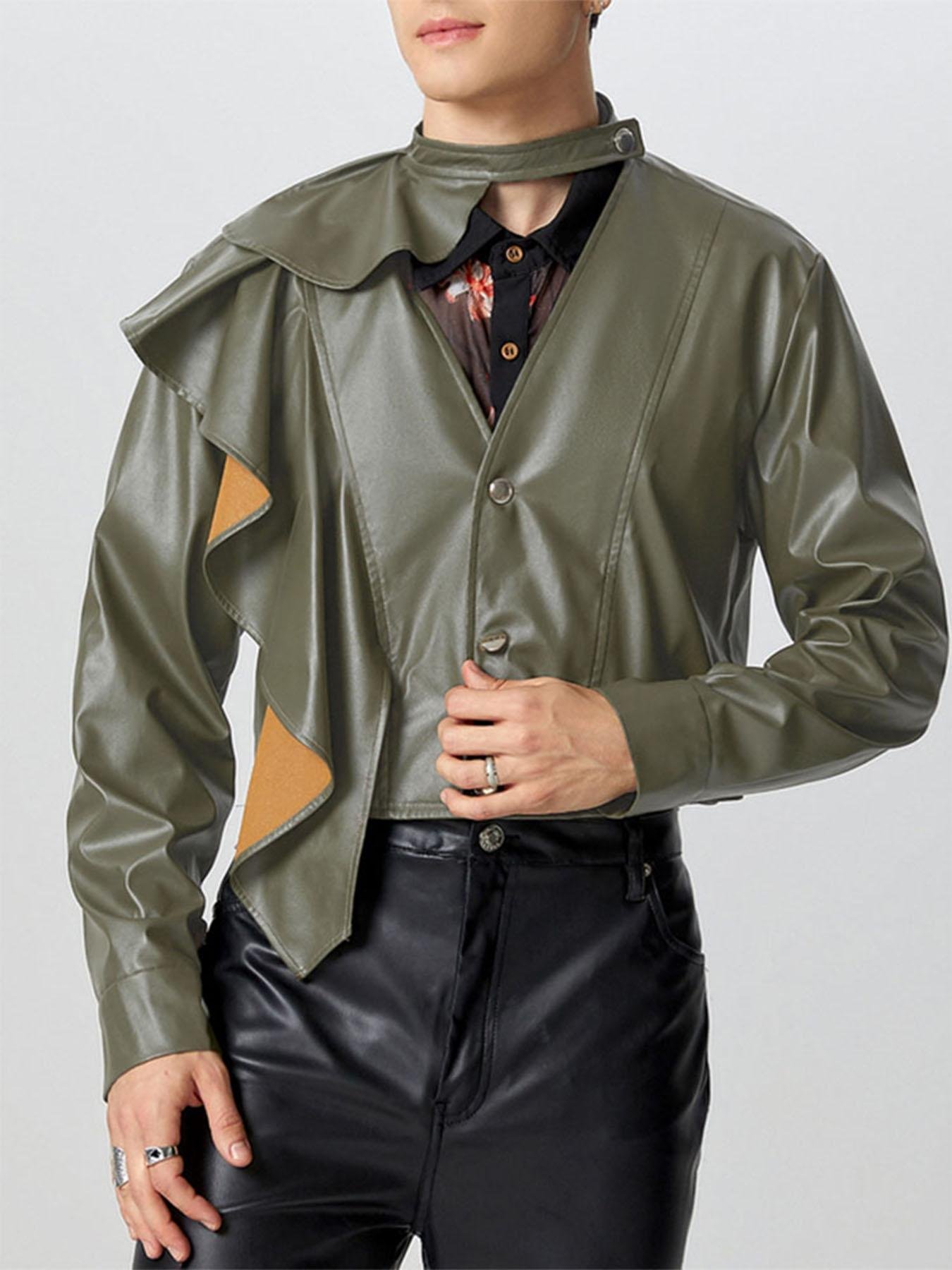 d1cab3d3ea8e48cbaaab8e174b09832e-goods.jpeg INCERUN Men Stylish PU Ruffle Decor Short Blazer Party Street Jacket Top Fancy Crop Top - Image 1