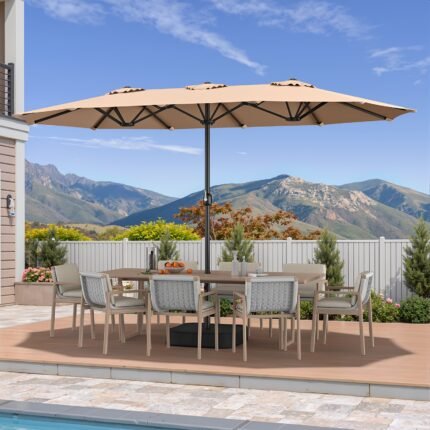1pc 15ft Patio Umbrella With Base Included, Extra Large Shade Area, Double Sided Rectangle With Crank Handle For Poolside, Garden, Yard, Beige/Blue/Red