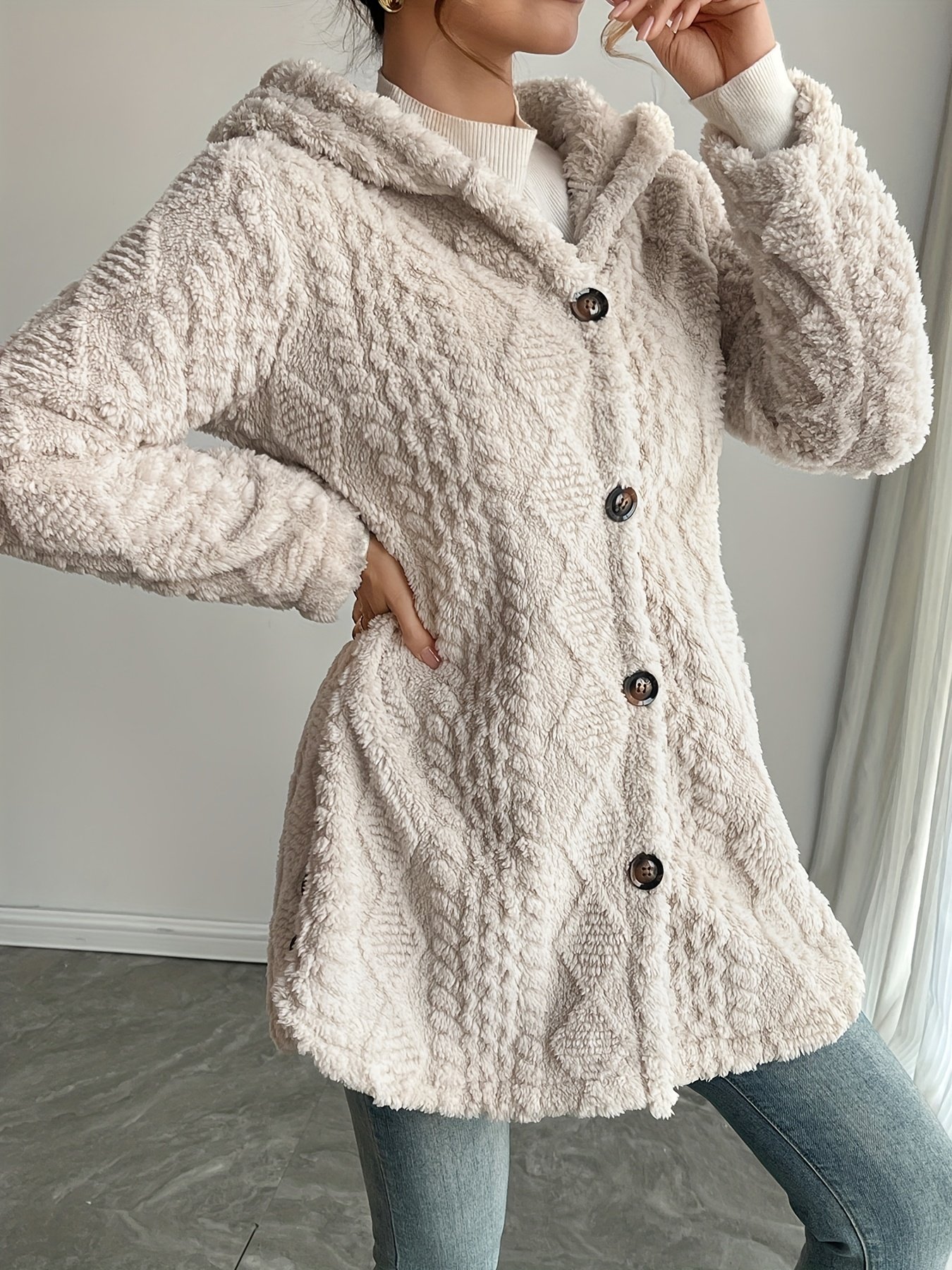 d1fd10c7-9d34-4f28-9421-5ad9ec41e272.jpg Elegant Beige Faux Fur Hooded Cardigan for Women - Long Sleeve, Button-Up Mid-Length Winter Coat with Pockets, Warm & Stylish Fall/Winter Outerwear, Cozy Clothing | Buttonup Cardigan | Structured Design - Image 1