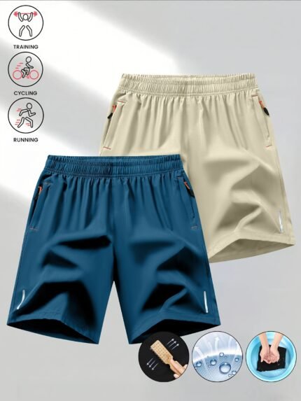 2pcs Men'S Ultra-Light Quick-Dry Sports Shorts with Zipper Pockets - Stylish Casual Running and Fitness Gear, Breathable Polyester/Spandex Blend, Perfect for Outdoor Activities, Beach, and Gym, Elastic Waistband, Men Running Short, Shorts For Men, Gym Clothes For Men, Running Shorts For Men