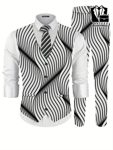 Men'S Fashion 2pcs Vest + Pants Suit in Black and White Wave Line Element Abstract Geometric Style Digital Print Men'S Formal Wear Set with Business Dress Shirt Vest and Trousers Combo