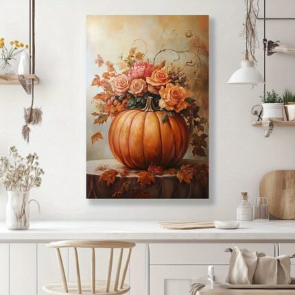 1pc Autumn'S Bounty with Rose-Adorned Pumpkin Gift for Family, High-Definition Printing with Frame Suitable for Office, Bedroom, Kitchen, Living Room
