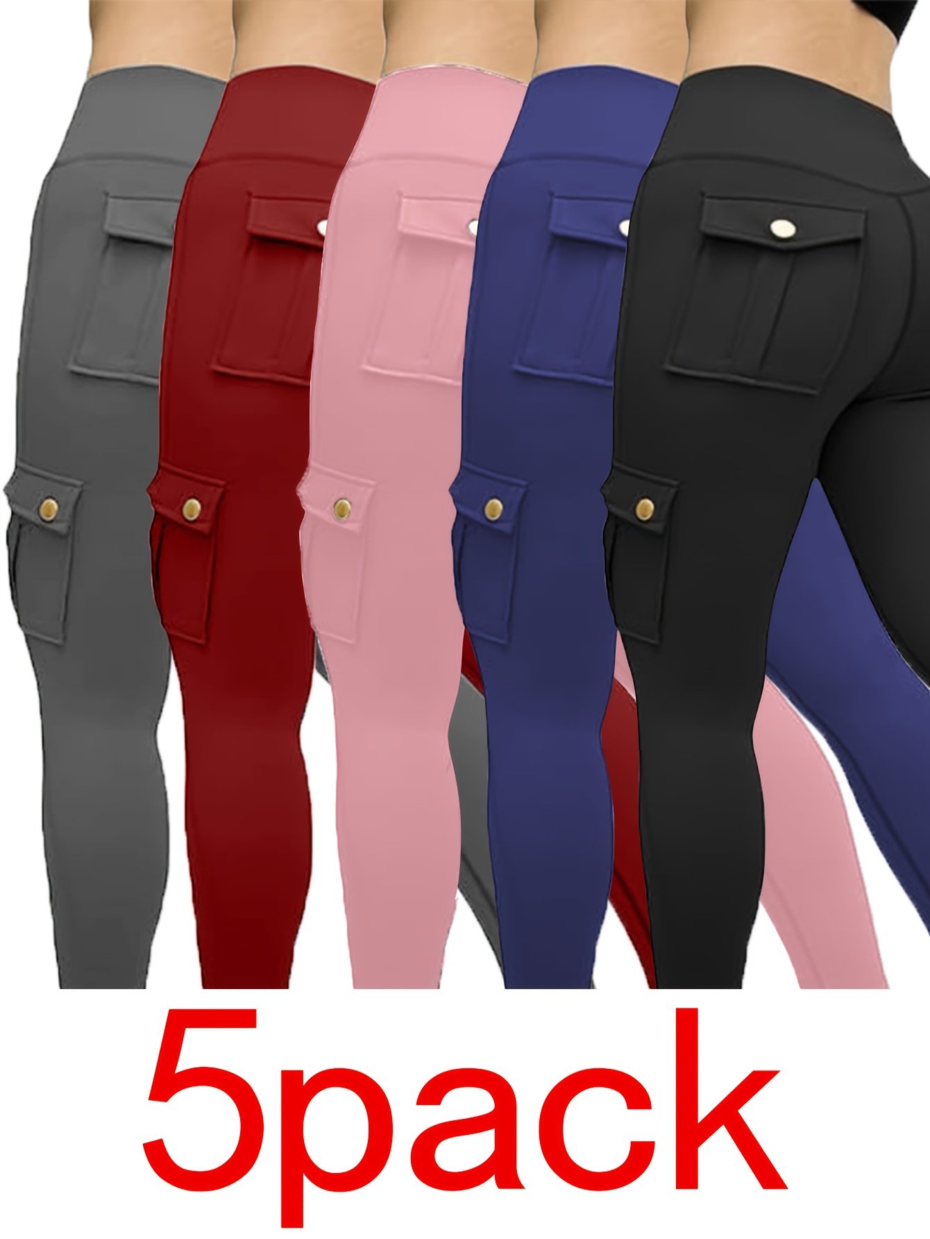 d32412f2-3b40-4157-b292-98170d9afb07.jpg 5pcs Women'S Ultra-Soft High-Waist & Leggings - Non-See-Through, Stretchy Polyester/Elastane Blend with Pockets, Solid Colors (Gray, Red, Pink, Blue, Black) - Comfortable & Wear, Pants, Highwaist Design, Durable Fabric - Image 1