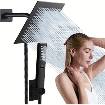 High Pressure Square Rainfall Shower Head And 2-in-1 Hand Shower, Equipped With Hose, 3 Way Diverter Valve, Adhesive Shower Head Holder.