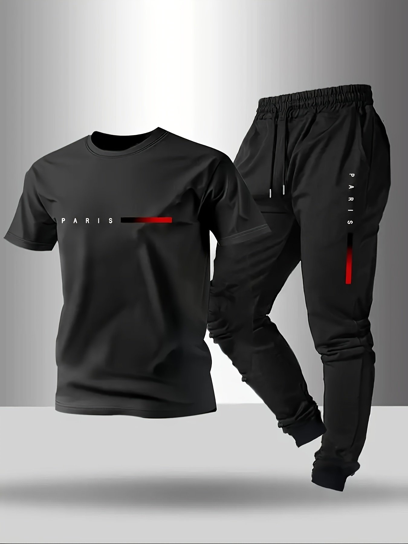 d3950d6d-91f2-4db9-ac84-261bbd7e145d.jpg Men's Short-sleeve T-shirt And Pants Set, Spring And Summer Paris Letter Print Round Neck T-shirt + Drawstring Outdoor Casual Sports Long Pants Set - Image 1