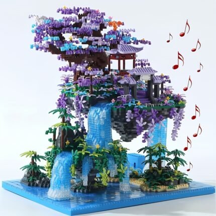 Peach Blossom Pond Micro Mini Building Blocks Set - Japanese Sakura Tree House & Chinese Architecture Cherry Bonsai Model Kit with Waterfall, Glowing Blue Lights, Purple Flowers & Green Foliage - Challenging DIY Gift for Adults & Teens, Display Collectible