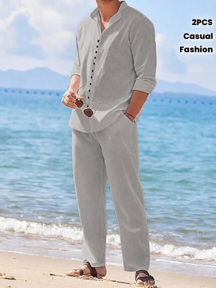 2pcs Gray Solid Color Set, Men'S Four Seasons Suit, Fashionable Minimalist Casual Outfit with Stand Collar Long Sleeve Shirt and Drawstring Pants, Textured Fabric, Perfect for Vacation, Beach, and Everyday Wear