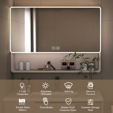 Stone 35"x28" Aluminum Bathroom Mirror Cabinet with Smart LED Lighting, Defogging, and Touch Button Control, Wall-Mounted Vanity Mirror with Cosmetic Storage Rack & Hair Dryer Holder, Khaki, Contemporary Design, Bathroom Storage Solution | Modern Vanity Design | Hightransparency Glass, Vanity Accessories