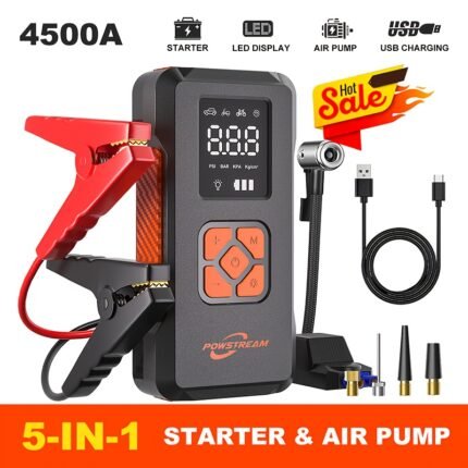 Powerful 6000A 7200W Jump Starter & 150PSI Tire Inflator for 12V Gas/2.11gal Diesel Vehicles - Digital Display, Emergency Light, Portable Power Bank with USB-C Charging, LED Front & Bottom Lighting, SOS Mode, Warning Flashing Lights, Roadside Assistance, Vehicle Maintenance, Multifunctional Tool, Compact Design, Durable Construction, Fast Inflation, Car Owners, Truck Drivers