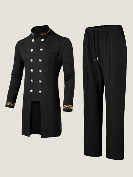 Dashiki Men's Plus Size Long Sleeve Set, Round Neck Button- Shirt with Pocket and Split Hem, Embroidered Elastic Pants, 2pcs Casual Shirt and Trousers for Men, New Season Street Style, Party Wedding Outfit, PLUS SIZE