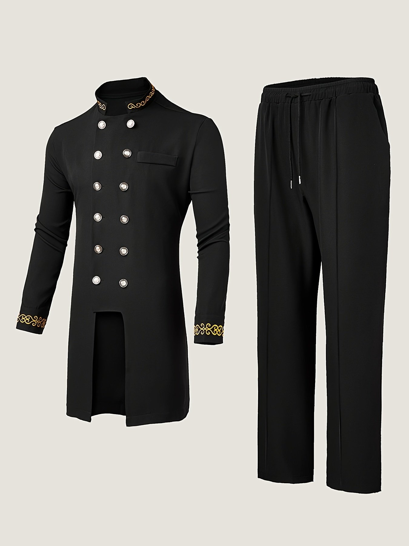 d53b722b-ed00-4958-baf3-1523df86c811.jpg Dashiki Men's Plus Size Long Sleeve Set, Round Neck Button- Shirt with Pocket and Split Hem, Embroidered Elastic Pants, 2pcs Casual Shirt and Trousers for Men, New Season Street Style, Party Wedding Outfit, PLUS SIZE - Image 1