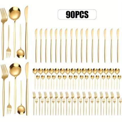 Golden Silverware Set 90pcs Golden Cutlery Set Service for 18 Stainless Steel Flatware Set Include Spoons Forks Knives Tableware Utensil Set Mirror Polished Dishwasher Safe