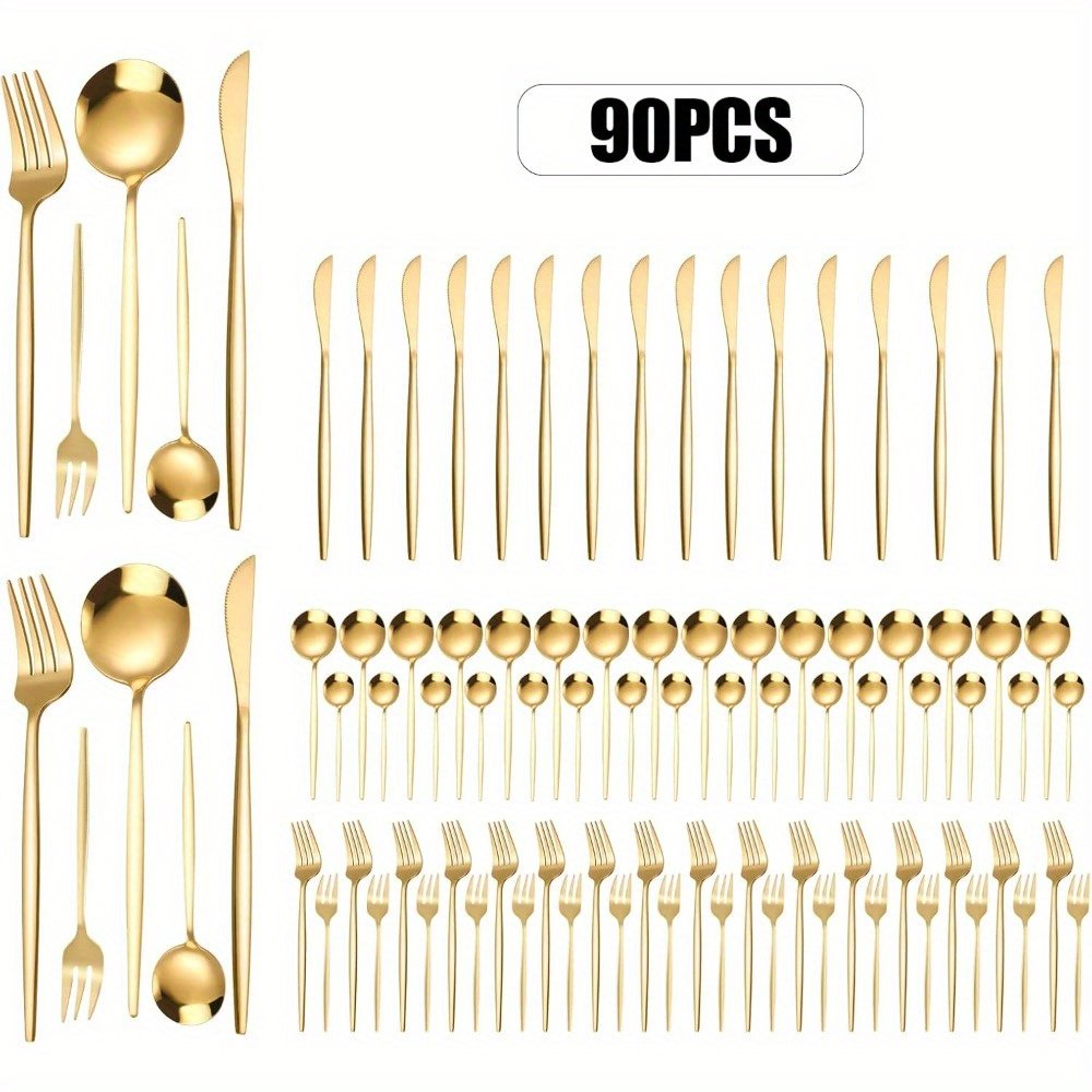 d54b88e0489f409c934d1b1f4a662220-goods.jpeg Golden Silverware Set 90pcs Golden Cutlery Set Service for 18 Stainless Steel Flatware Set Include Spoons Forks Knives Tableware Utensil Set Mirror Polished Dishwasher Safe - Image 1