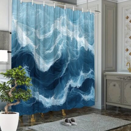 1pc Abstract Ocean Waves Shower Curtain - Impressionistic Fluid Swirling Blues Design, Polyester Bathroom Decor with 12 Hooks, 70.8x70.8 Inches, Machine Washable & Durable for Modern Bathrooms