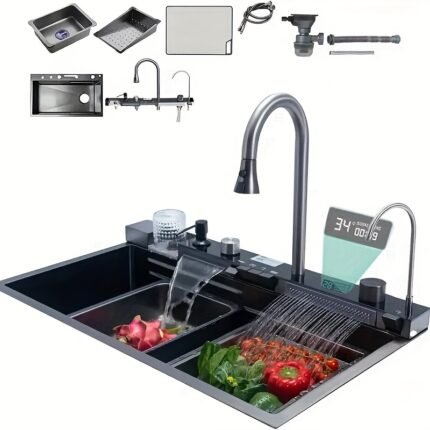 30x18 Inch Two Waterfalls Nano Smart Kitchen Sink with Digital Display Pull-Out Faucet, Stainless Steel Water-Saving Multifunctional Workstation Sink, Valve Core & Baked Enamel Finish, Includes Accessories (Drinking Water Safe), Kitchen Sink Accessories, Food Preparation Station, Contemporary Design, Modern Kitchenware, Smooth Finish
