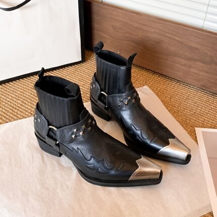 Men'S Western Cowboy Boots - Slip-On Pointed Toe Ankle Boots with Metallic Accents, Synthetic Cover Upper & Rubber Sole, All-Season Streetwear for Parties, Casual Outfits - Black Boots for Men, Cowboy Accessories, Party Footwear, Durable Traction Footwear, Urban Fashion, Retro Design, Sturdy Construction, Fashion Enthusiasts, Wild West Style, Trendy Footwear, Day Of The Dead, Urban Cowboy