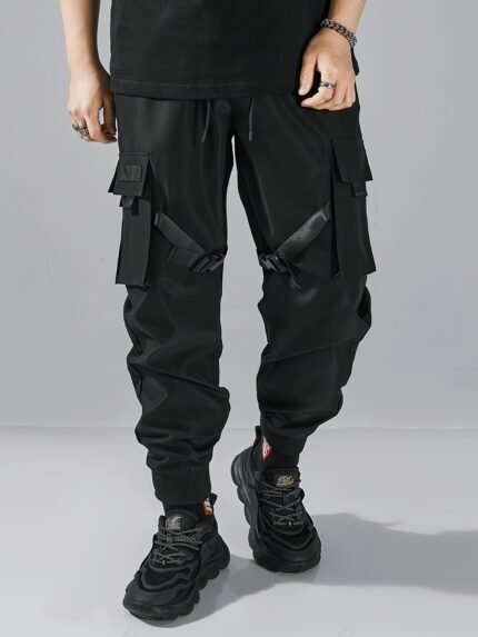 Men'S Black Cargo Pants with Multiple Pockets - Loose Fit Streetwear Work Pants, Non-Stretch Fabric, All-Season Outdoor Tech Style Hip Hop Design, Casual Workwear Pants | Streetwear Fashion | Durable Fabric Pants