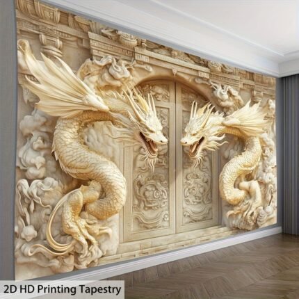 Stunning Dragon Tapestry - 3D HD Printing Polyester Wall Art, Peach Light Beige Velvet Finish, Intricate Golden & White Design for Living Room, Bedroom, Office & Party Decor | Ideal Creative Gift, Dragon Decor