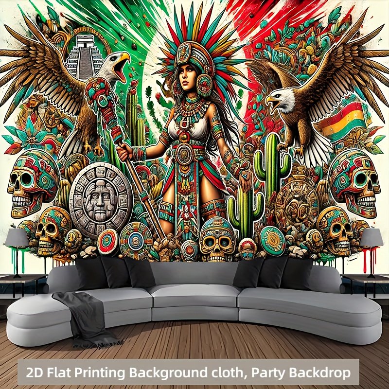d6d060b8-074b-47b6-8e2e-27ef340d6d1a.jpg 2D Flat, 1pc Aztec Warrior Eagle Wall Tapestry - Vibrant Polyester 71x91 Inch, No Power Needed, Easy to Hang, Durable Indoor/Outdoor Decor for Living Room, Bedroom, Office, Patio, Weddings, Birthdays, Anniversaries, All-Season Home & Party Decoration, Mexican Home Decor, Outdoor Decoration, Intricate Patterns, Easyhang Design, 2D Flat - Image 1