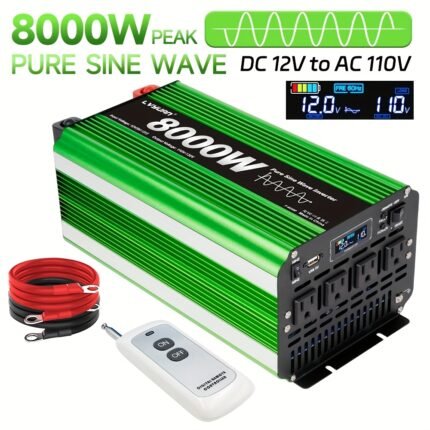 Pure Sine Wave Inverter 8000W (Peak)Car Power Inverter Efficient 12V DC To 110V 120V AC With LCD Display And Remote & Troubleshooting, 4 US Sockets For Vehicles Car Chargers For Home Solar System RV Vans, Without Battery