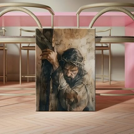 1pc Waterproof Easter Canvas Art poster - Vintage Inspired 'He Is Risen' Watercolor Jesus Carrying Cross Canvas Art Framed, Wooden Frame, Earthy Tones for Living Room, Bedroom, Home Office Decor Unique Christian Gift, Perfect Valentine'S Day Decor for He and her gift - Framed