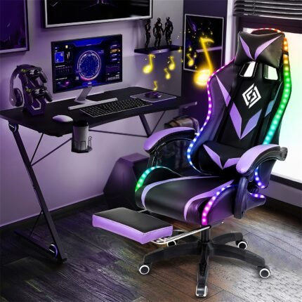 HOFFREE 2.3-Point Massage Lumbar Support 135° LED Light Bar Wireless Speaker - Ergonomic Gaming Chair with USB-Powered, Sponge-Filling, Rotating Back & Cushioned Seat for PC, Laptop, Gaming Setup, Wireless Gaming Chair, Comfortable Recliner, Durable Synthetic Faux Leather Upholstery