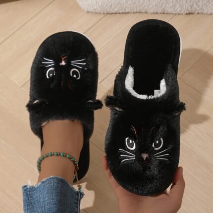 QEEDUOOF Women's Plush Cat Slippers - Winter Warm Non-Slip Indoor House Shoes with Cute Cartoon Kitty Design, Soft EVA Sole & Cozy Fabric for Home Use, Cute Slippers