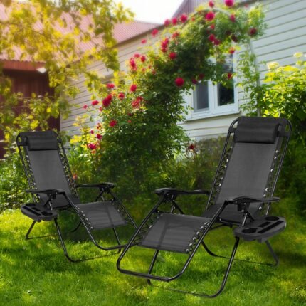 Set Of 2 Adjustable Relaxing Chairs, Zero Gravity Recliners With Cup Holder, For Patio, Lawn, Garden, And Beach